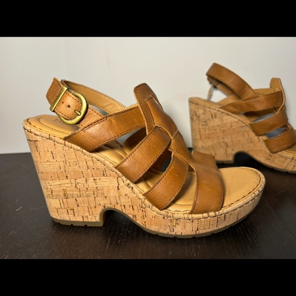 Born Bernese Cage Leather Platform Cork Wedge Sandals Brown Womans 10M - Picture 1 of 16